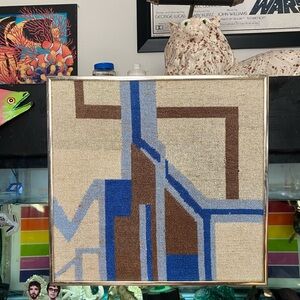 Vintage abstract Geometric needlepoint Wall tapestry Art in Blue and Brown